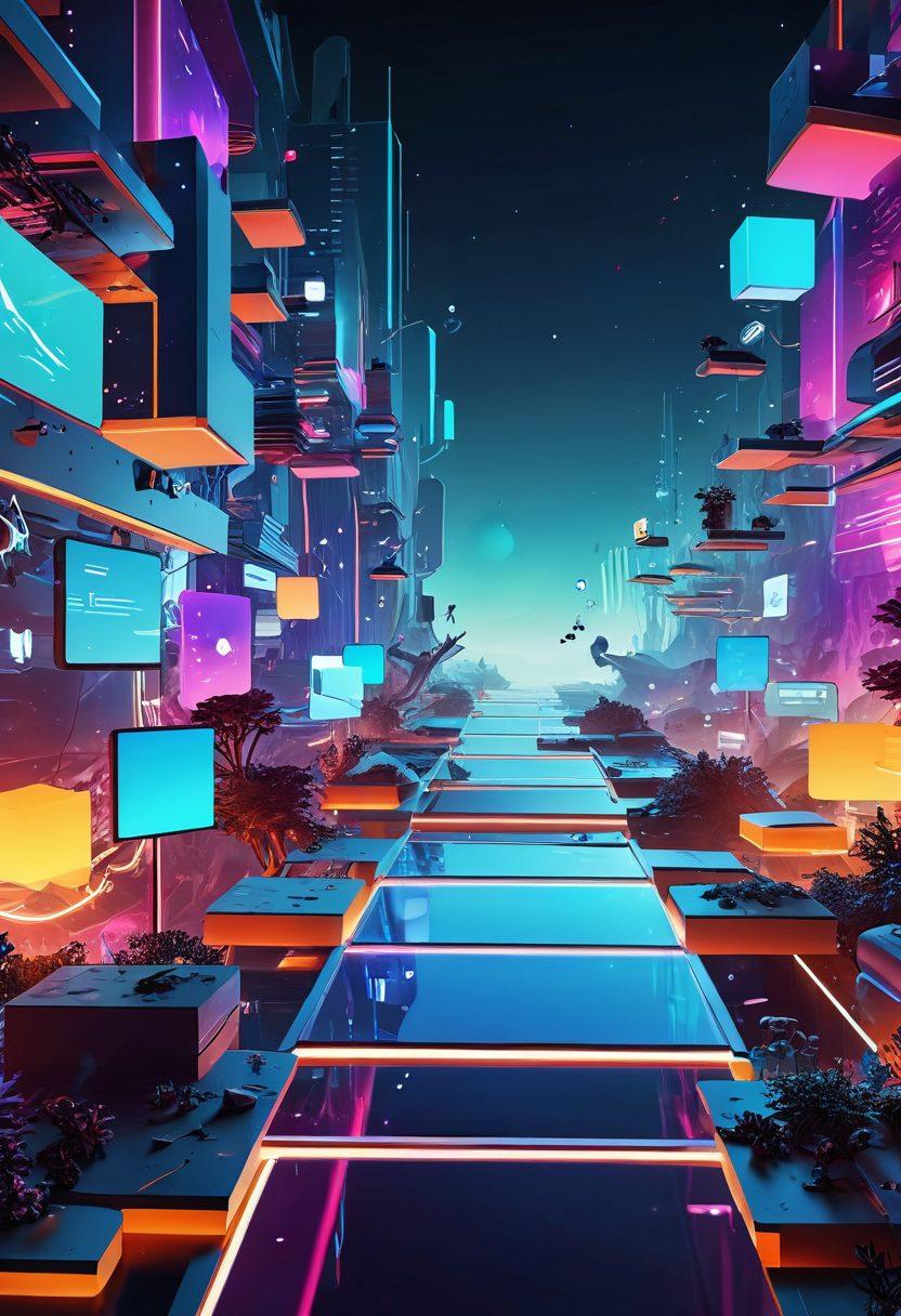 A futuristic digital landscape filled with vibrant, interactive stubs representing various online content, with users exploring these stubs on floating platforms. Incorporate elements like glowing pathways, immersive interfaces, and abstract symbols for content categories. The scene should evoke a sense of exploration and connectivity in the online world. super-realistic. vibrant colors. 3D.
