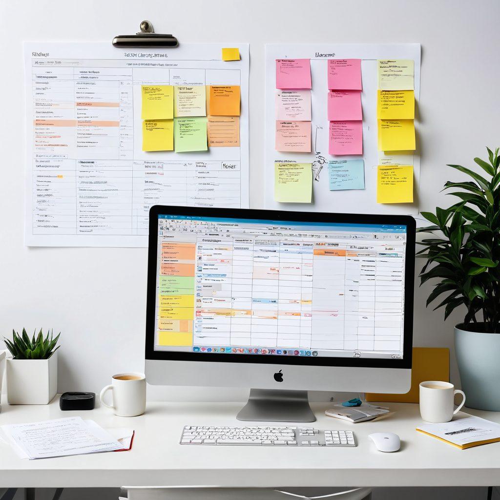 A clean and organized digital workspace featuring a computer screen displaying well-structured stub documentation. Include sticky notes with best practices, a coffee cup for focus, and flowcharts outlining efficient management processes. Bright lighting and a minimalist design to symbolize efficiency and clarity. super-realistic. vibrant colors. white background.