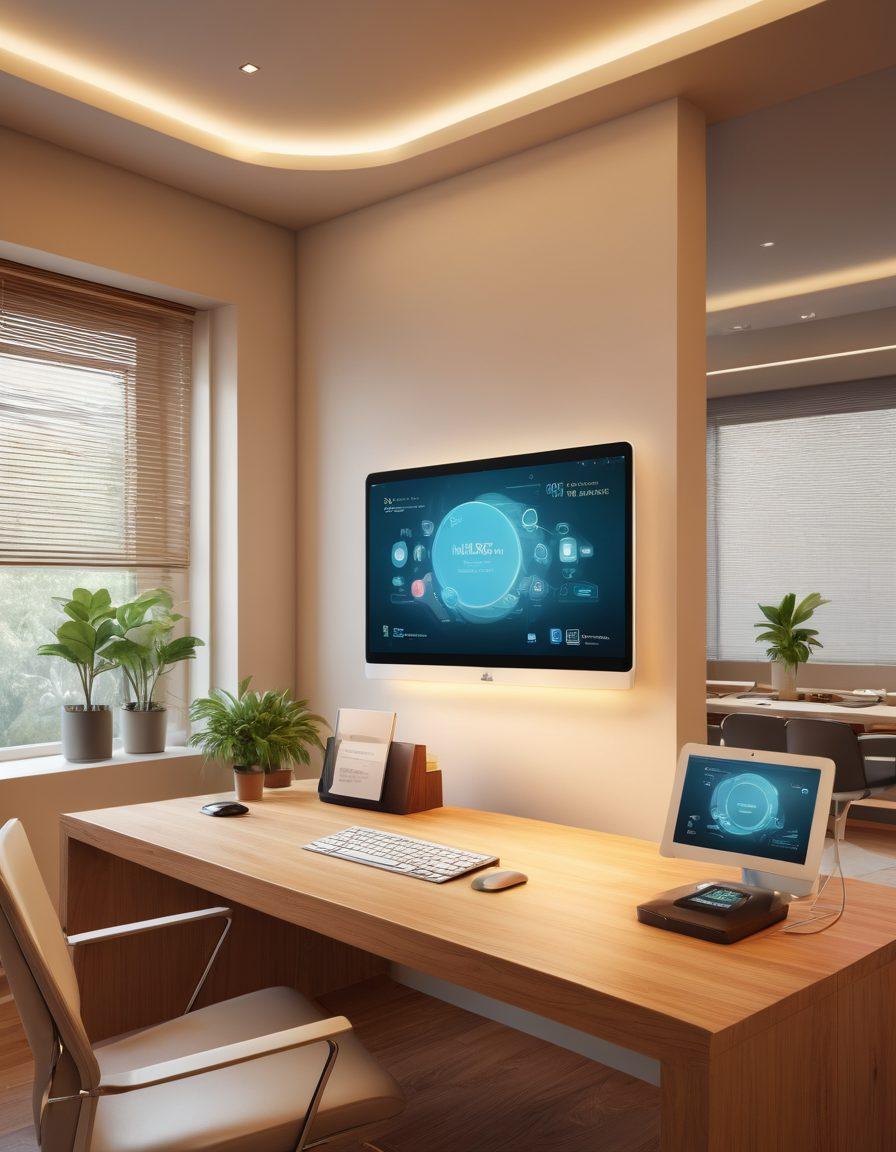 A sleek digital interface showcasing interactive e-stubs displayed on a high-resolution screen. The background features a serene home office setting with modern decor, emphasizing productivity. Include floating holographic icons representing easy navigation and viewing options. Warm lighting casts a cozy yet professional ambiance, inspiring mastery in stub management. super-realistic. vibrant colors. digital art.